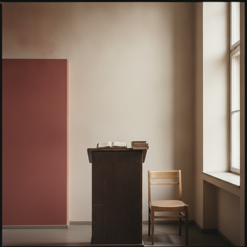 Moodboard: Institutsinterieur, ziegelrote Wandfläche, weiches Nordlicht